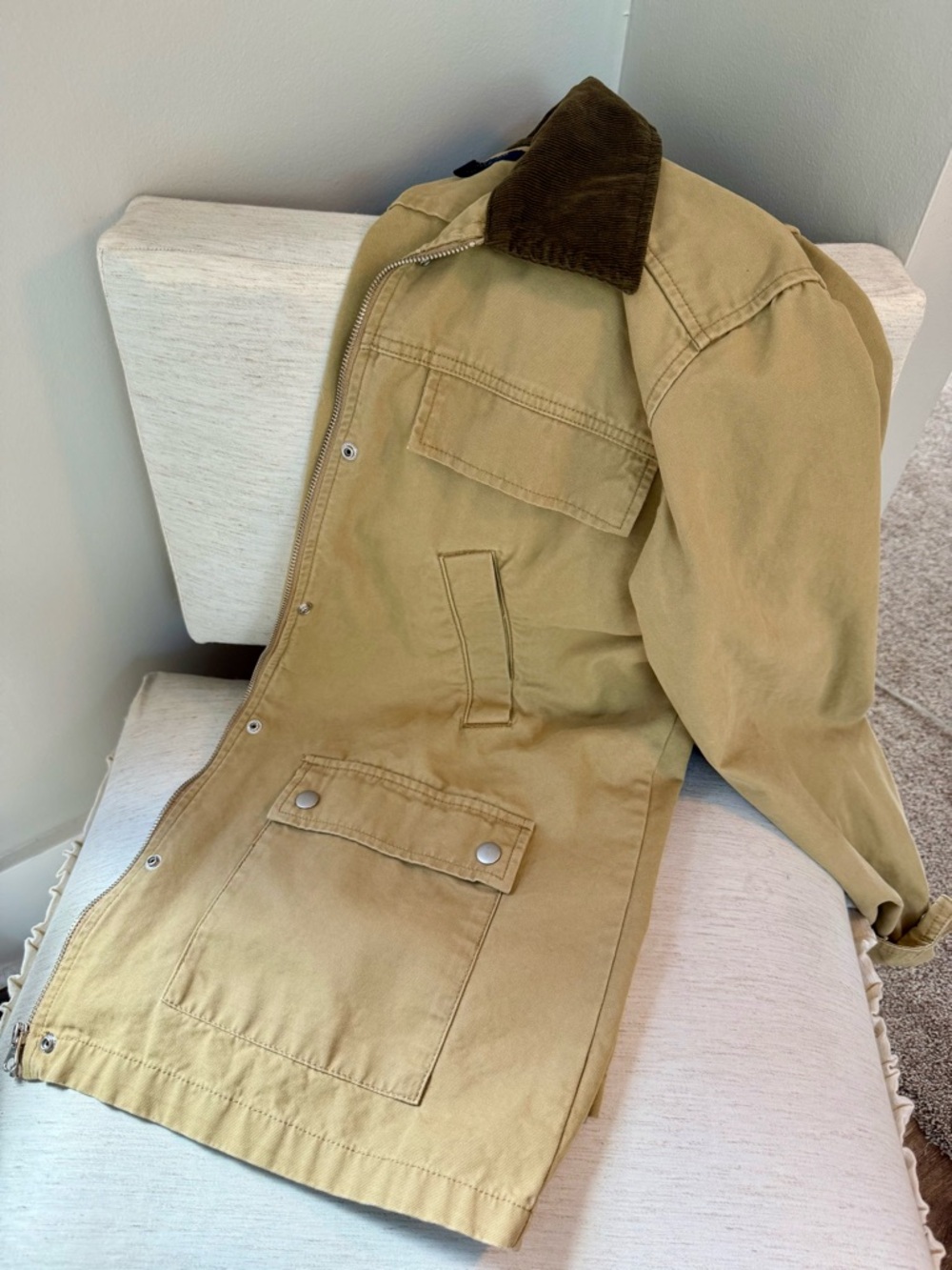100% cotton Utility Jacket with Dark Corduroy Collar - Tan - Picture 4 of 5